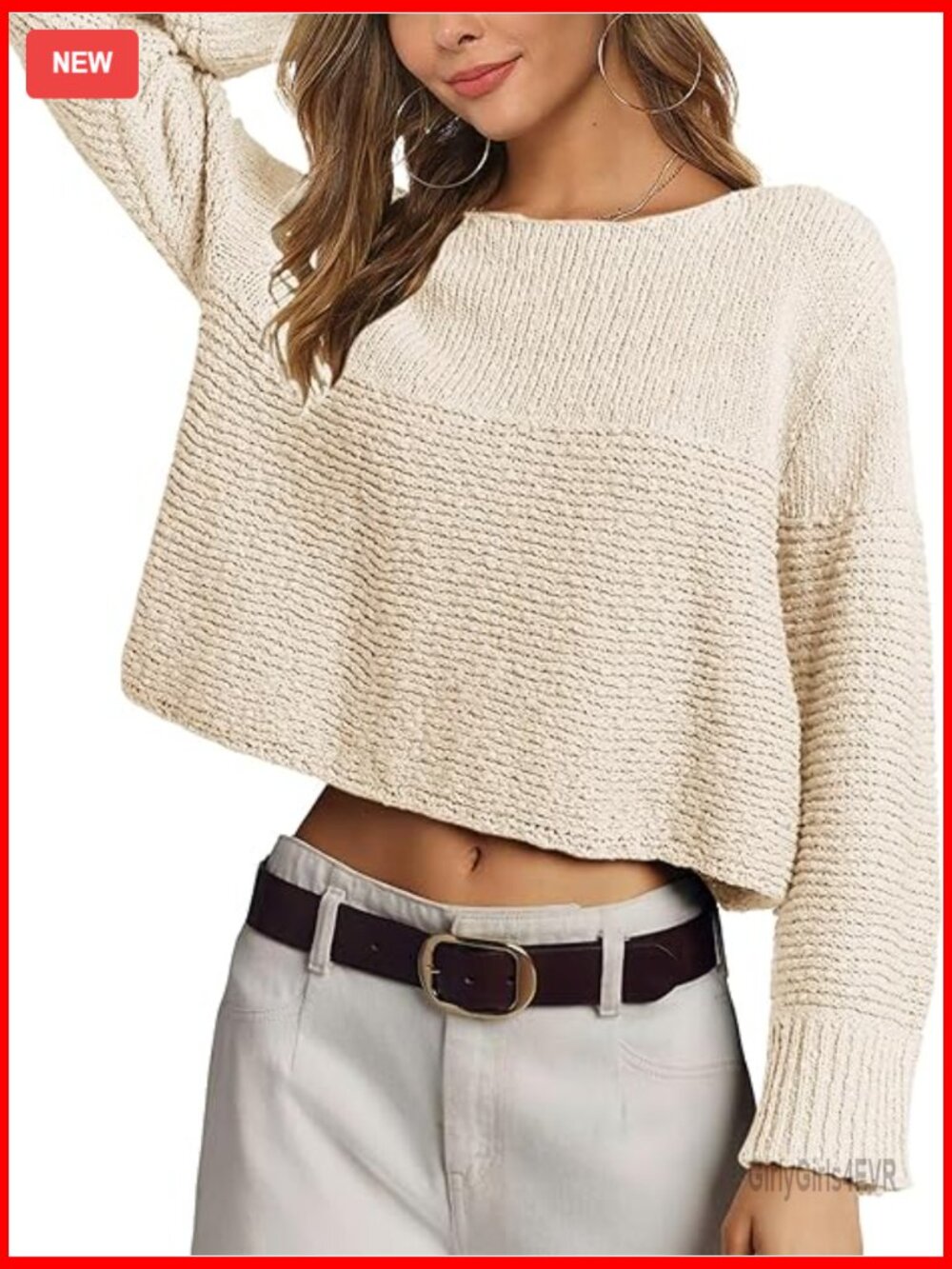 Cropped Ribbed Knit Sweater Long Sleeve Crew Neck Casual Pullover